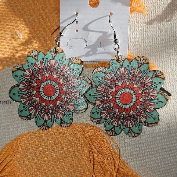Floral Mandala Earrings in Teal and Red - Picture 1 of 3